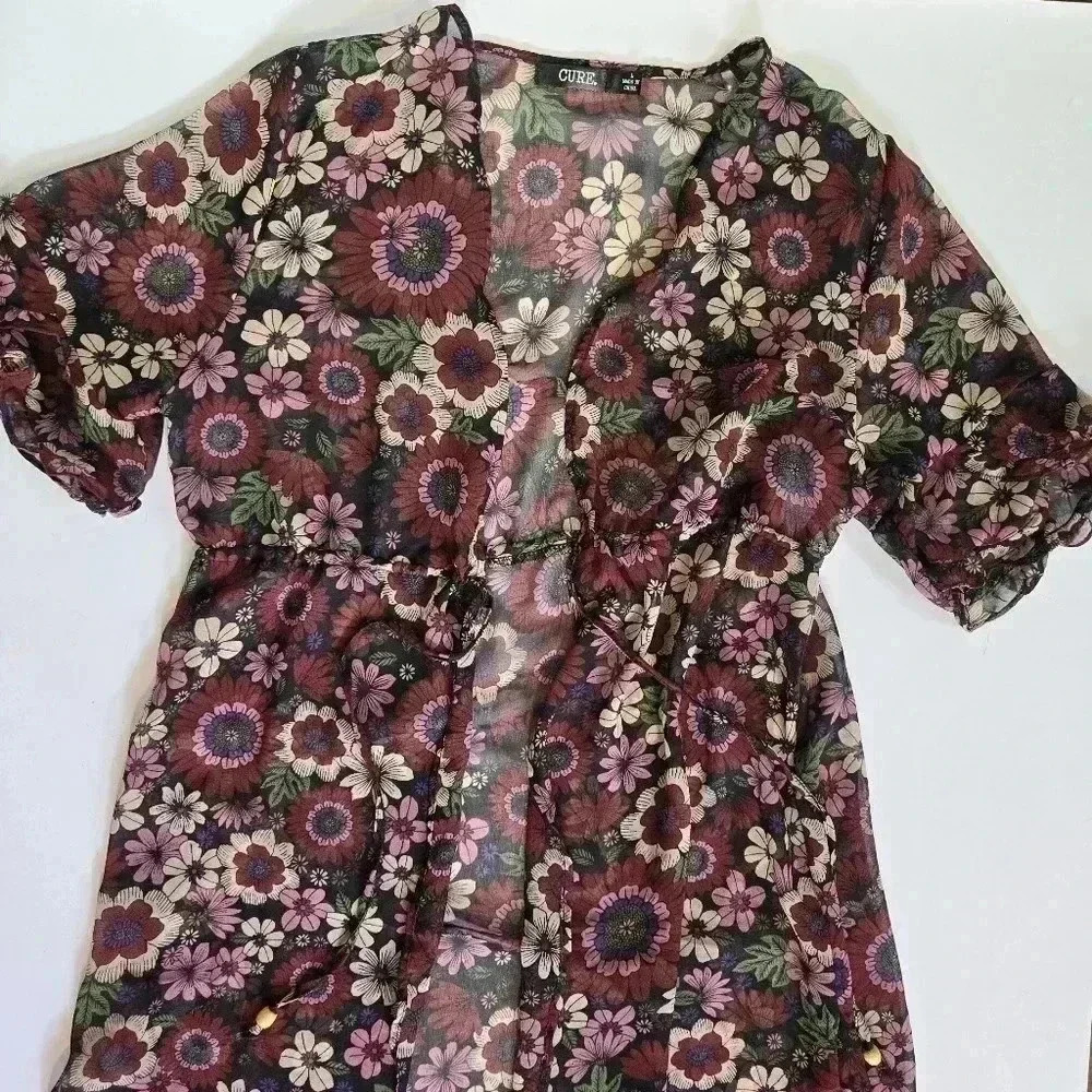 Boho 70s floral sheer cover up robe size Large - Picture 3 of 9